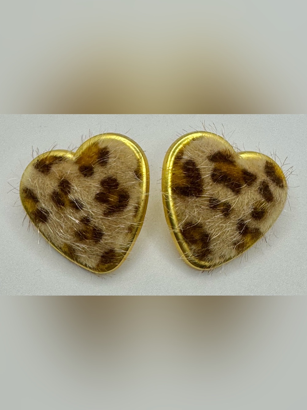 Fuzzy Leopard Animal Print Heart Earrings Gold Tone